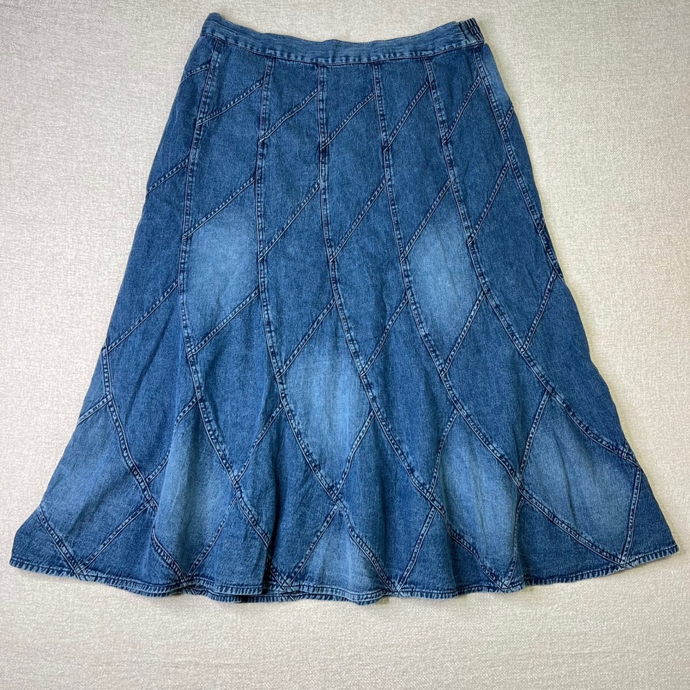 Studio West Blue Denim Patchwork Midi Skirt XL Elastic Waist Cotton Western
